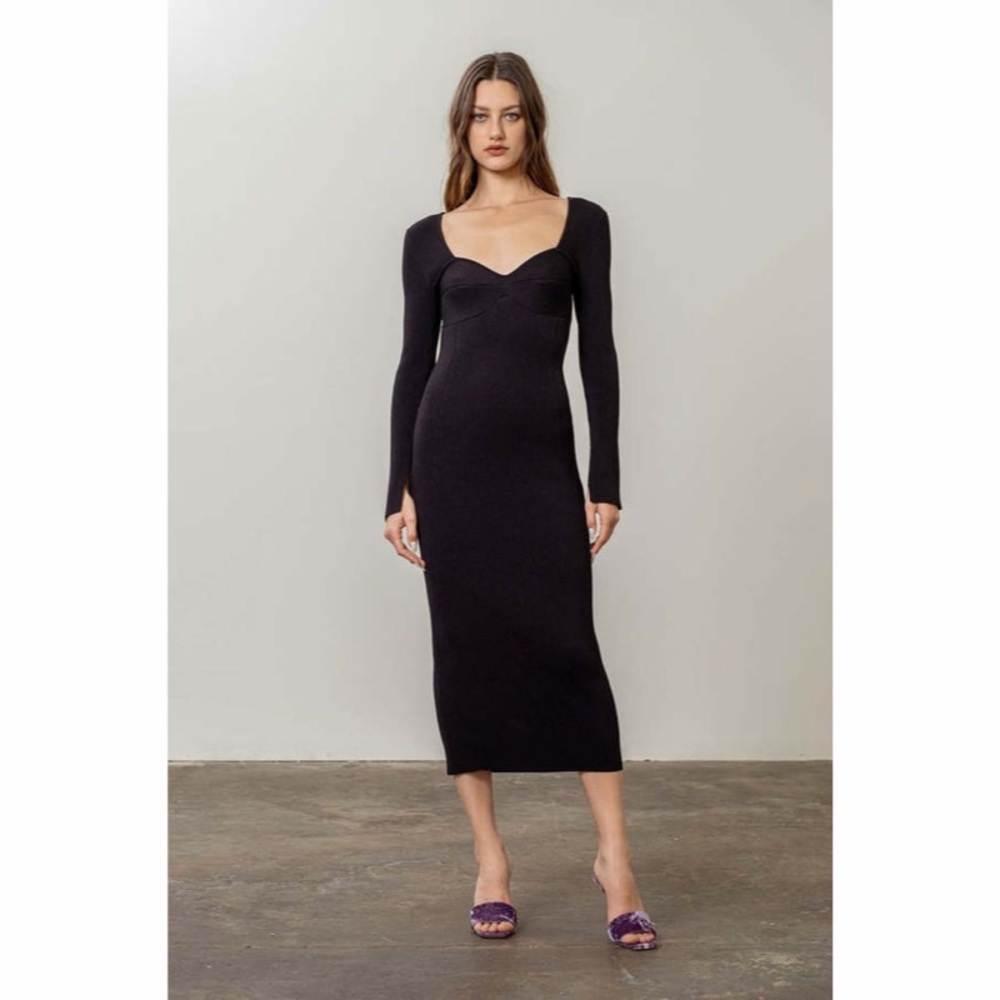 Moon River Black Ribbed Long Sleeve Sculpted Bodycon Midi Dress Womens Size S